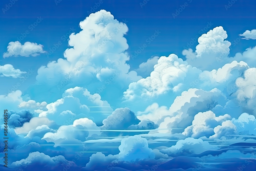 serene blue sky with fluffy white clouds. Generative AI