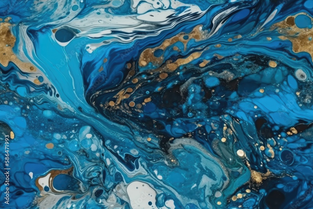 fluid painting with blue and gold colors and gold accents. Generative AI