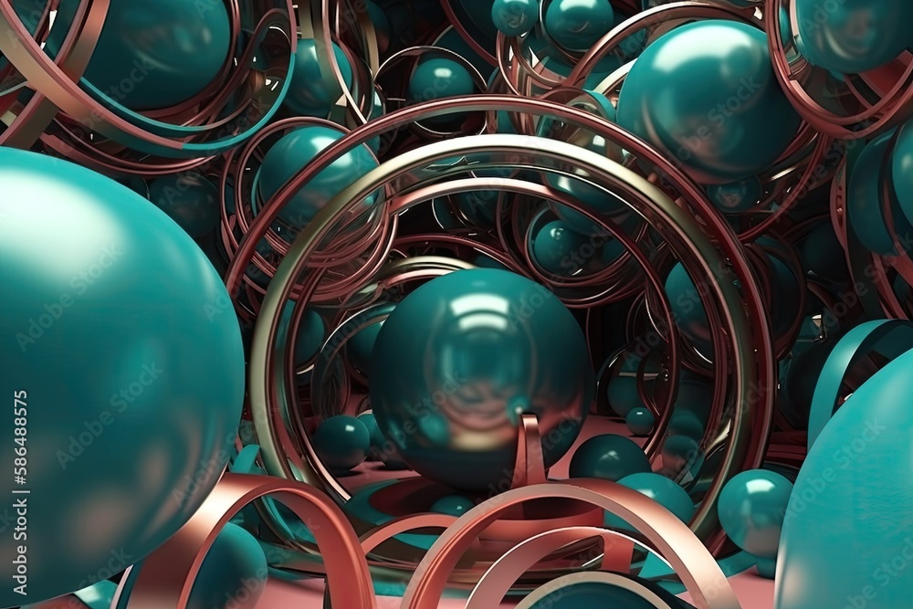 colorful cluster of balls and rings in shades of blue and pink. Generative AI