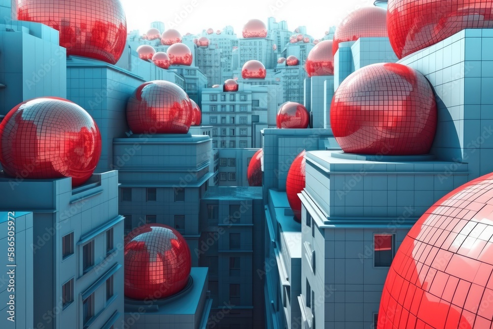 futuristic cityscape with red orbs and modern buildings. Generative AI