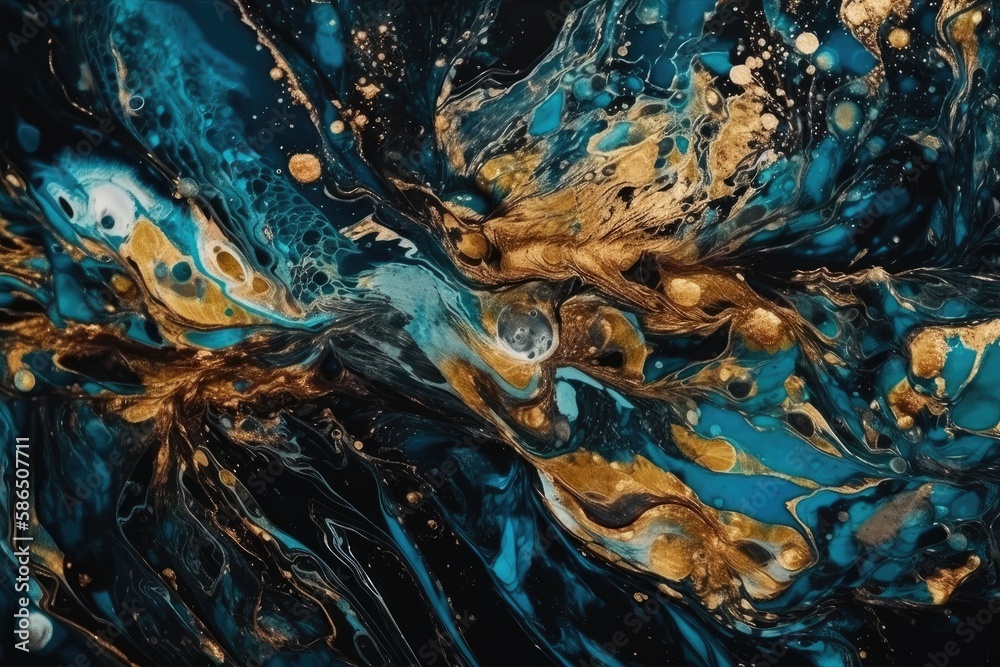 an abstract painting with gold and blue colors. Generative AI