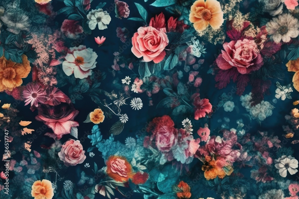 vibrant bouquet of assorted flowers on a blue background. Generative AI