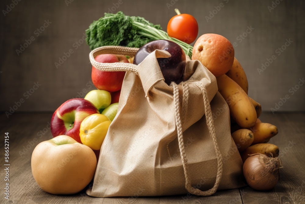 colorful assortment of fresh fruits and vegetables spilling out of a woven basket onto a wooden tabl