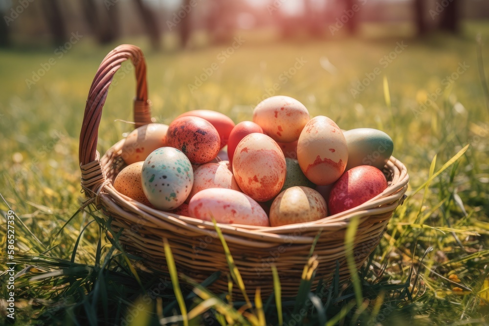 basket of fresh eggs on a green field. Generative AI