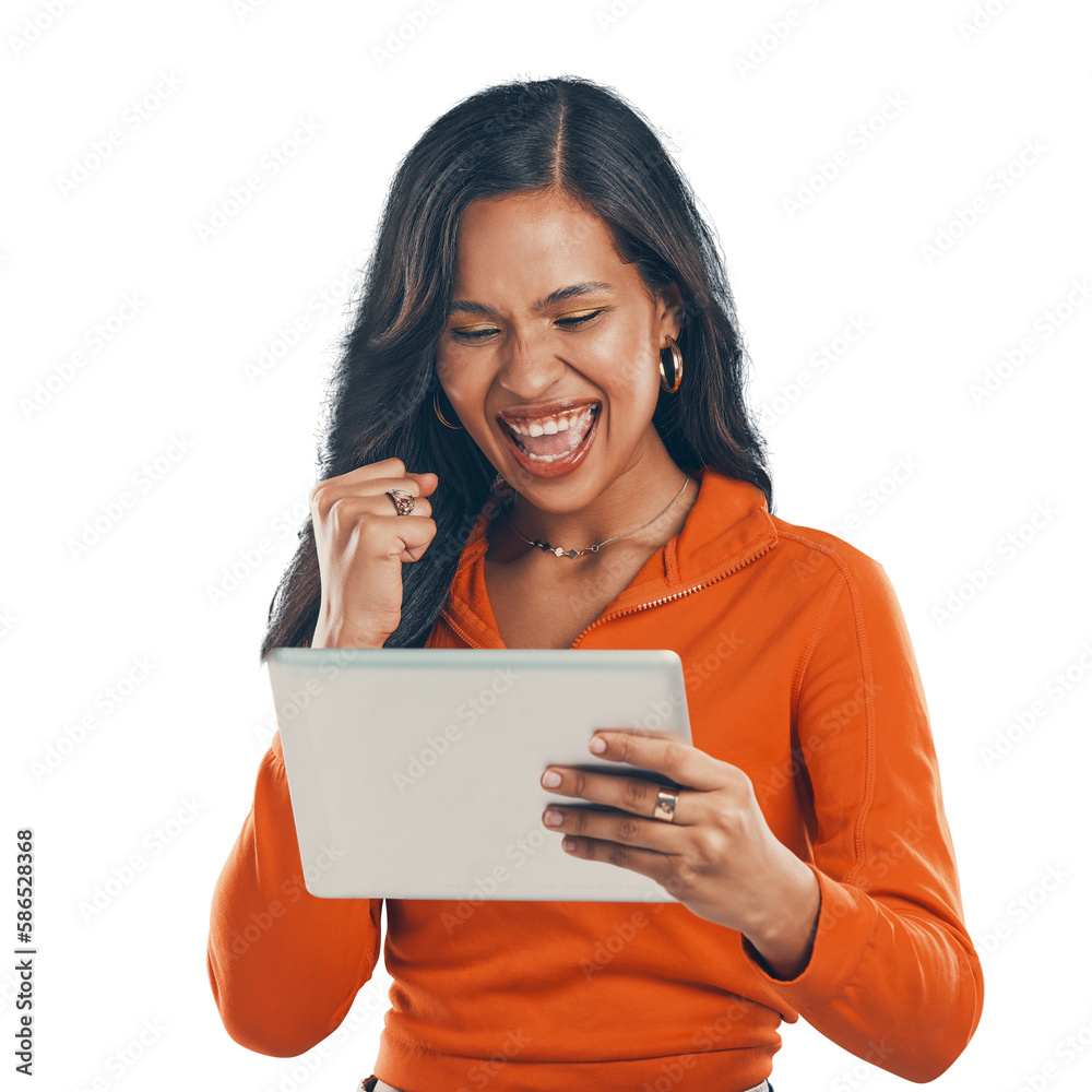 Excited, cheering and woman with tablet success for online good news while isolated on a transparent