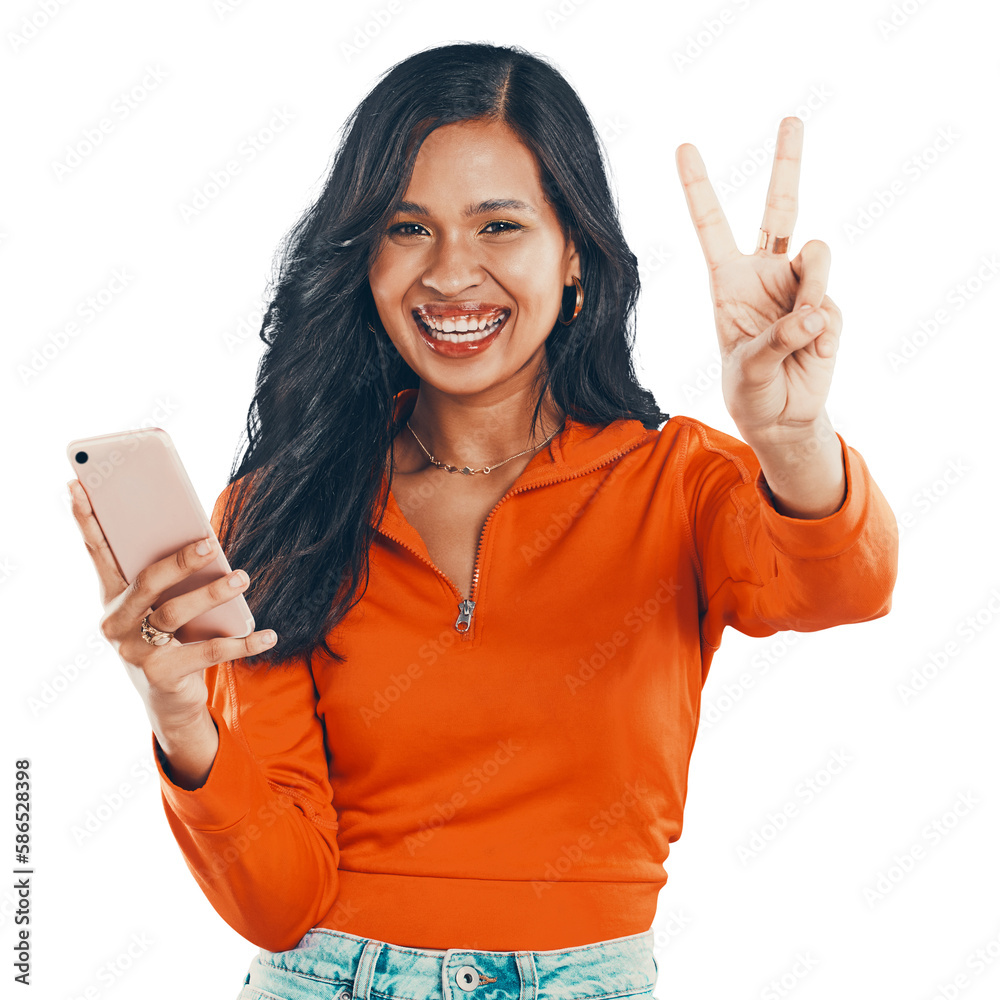 Portrait, peace sign and happy woman with phone for good news online on social media. Isolated, tran