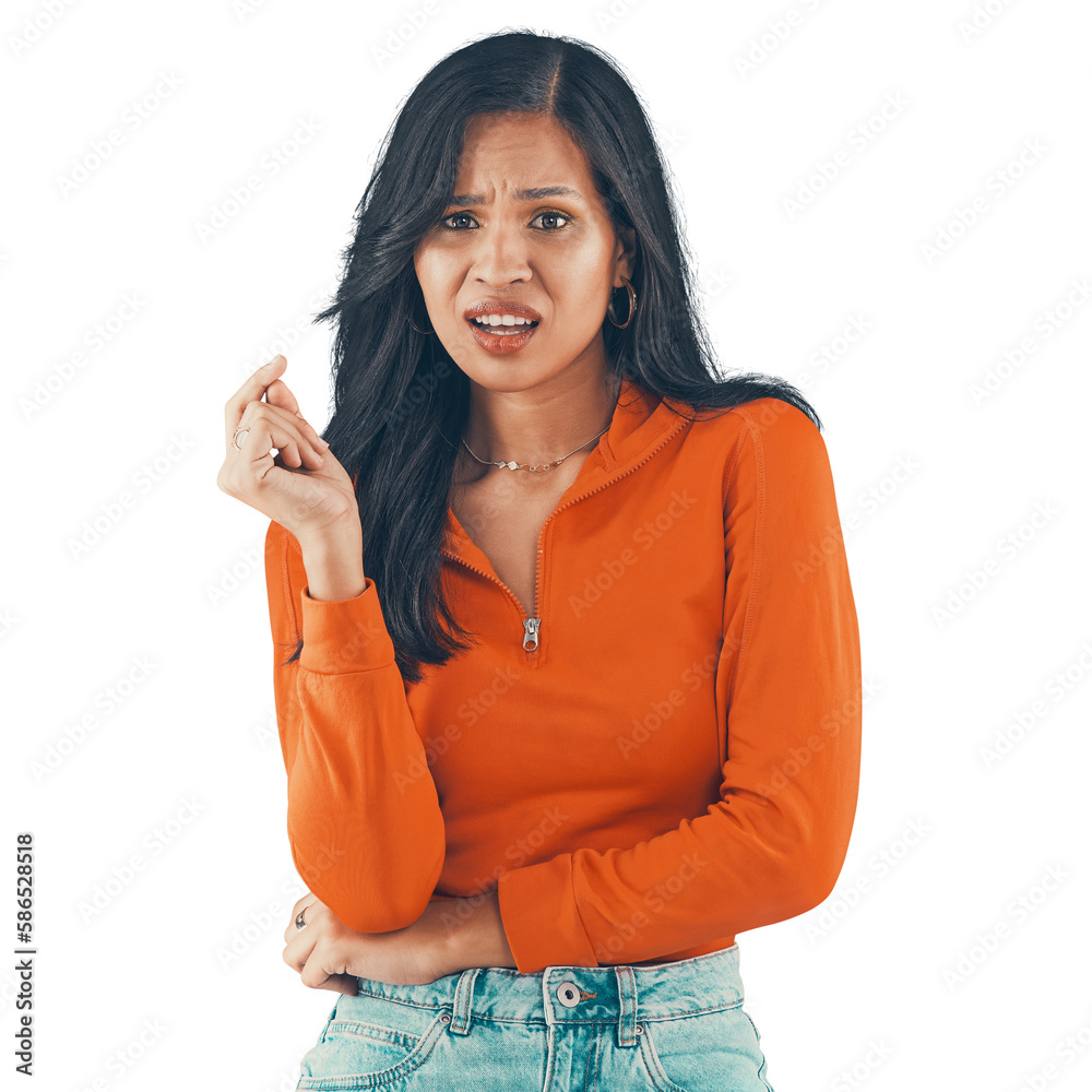 Upset, unhappy portrait of a woman looking irritated while isolated on a transparent png background.