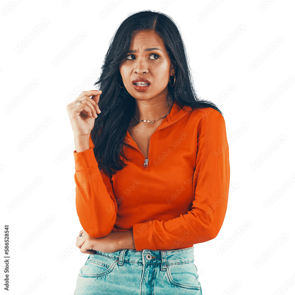 Doubt, thinking and unhappy woman contemplating on a transparent, isolated png background. Unsure, a