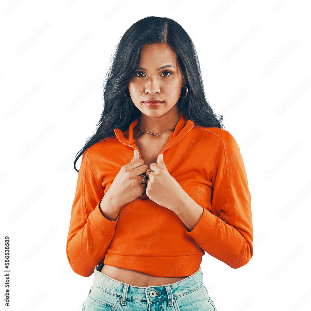 Fashion, focus and confident woman in stylish clothing isolated on a png, transparent background. Tr