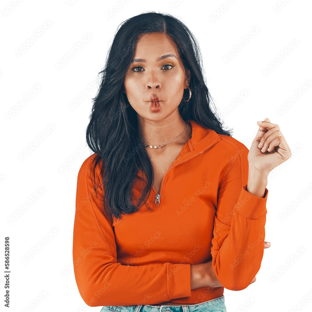 Portrait, silly woman and kiss in fashionable clothing while isolated on a transparent, png backgrou