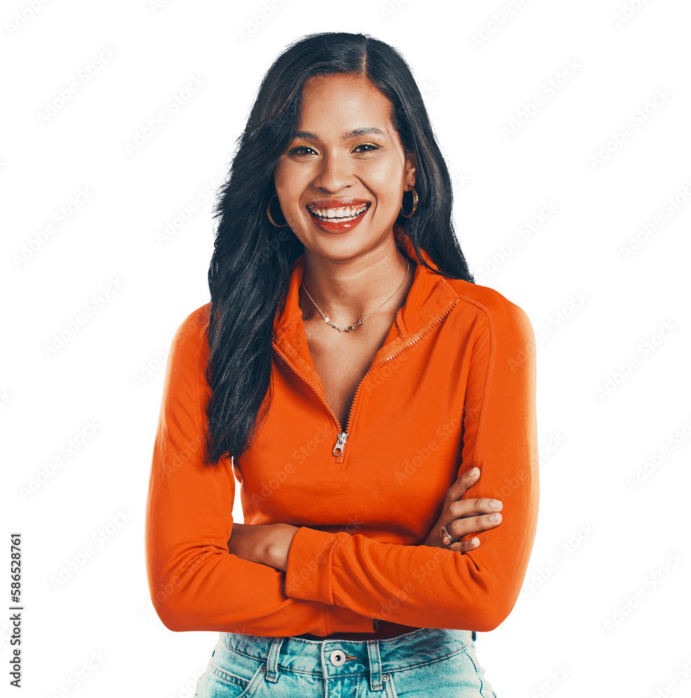 Confident, arms crossed and happy woman portrait with smile for aesthetic, fashion outfit while isol