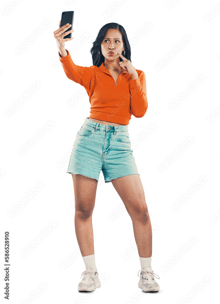 Fashion, pout and stylish woman taking selfie to post online while isolated on a transparent, png ba