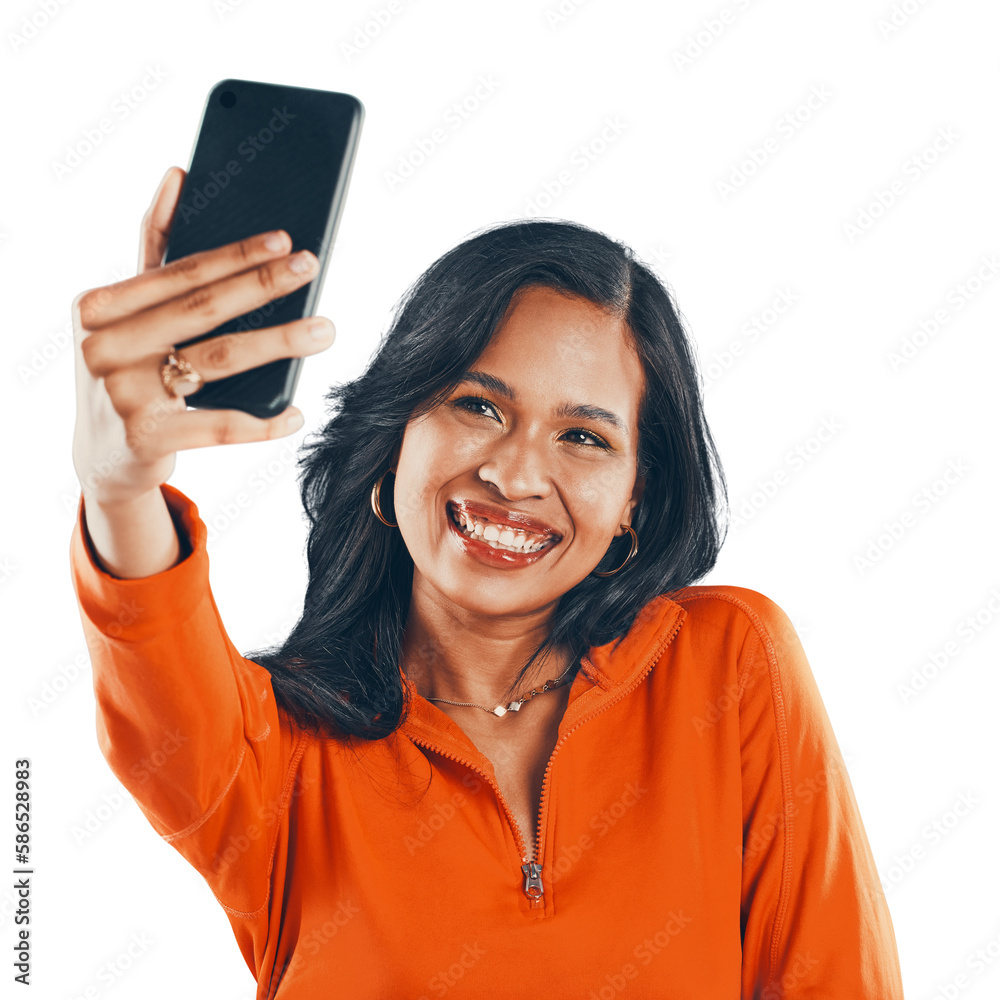 Smile, selfie and stylish woman with online photo in a fashionable outfit while isolated on a png ba