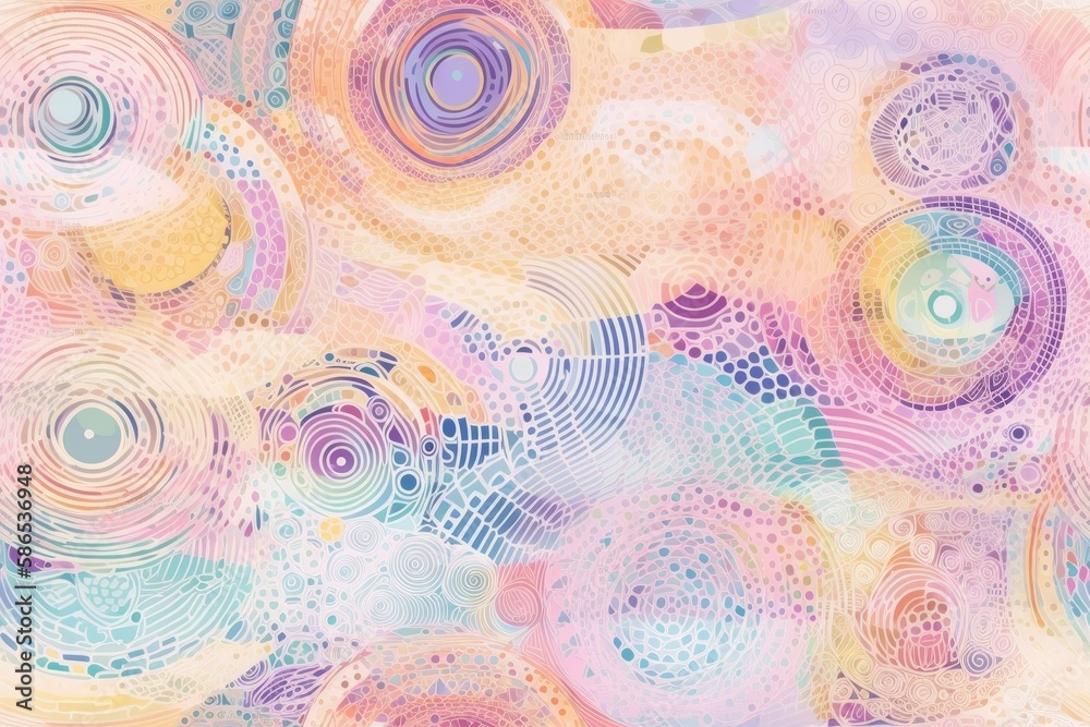 an abstract painting featuring circles and dots in soft pastel colors. Generative AI