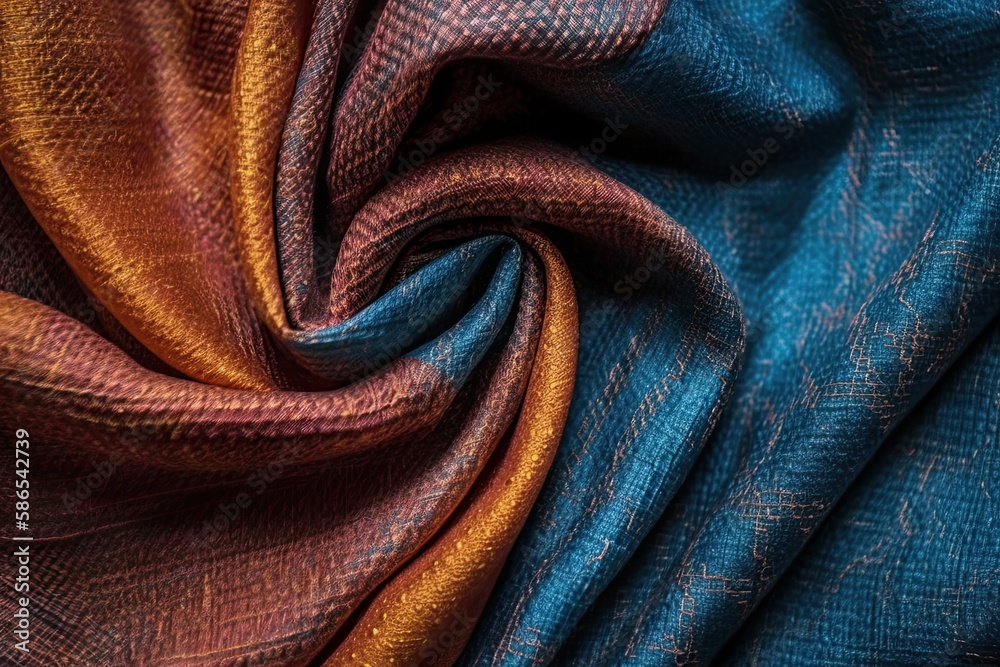 detailed close-up of a vibrant blue and orange fabric texture. Generative AI