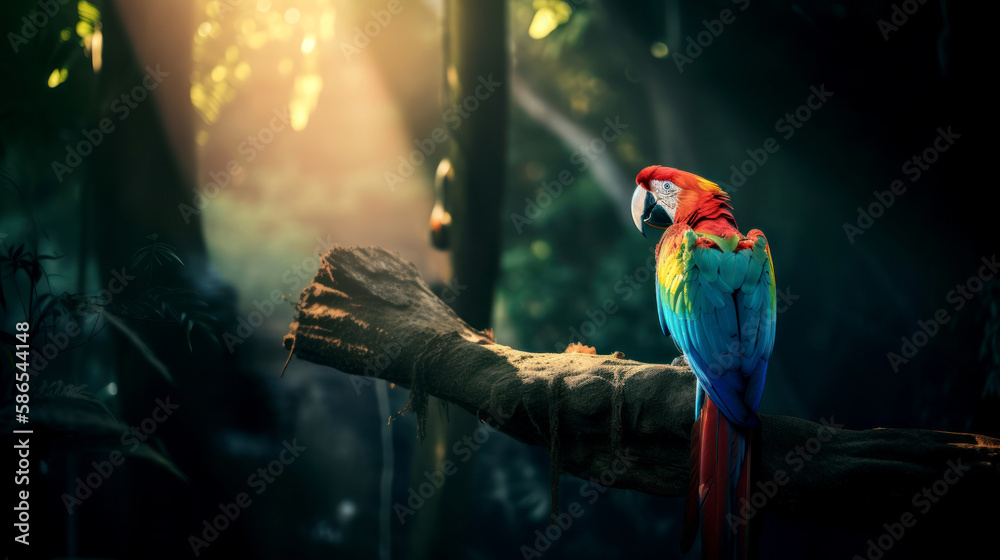 Colorful Macaw bird in forest background. ai generated.