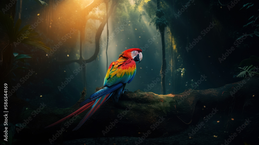 Colorful Macaw bird in forest background. ai generated.