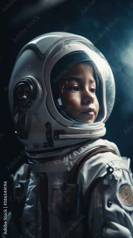 Little kid wearing spacesuit. Cosmonaut concept. Ai generated.