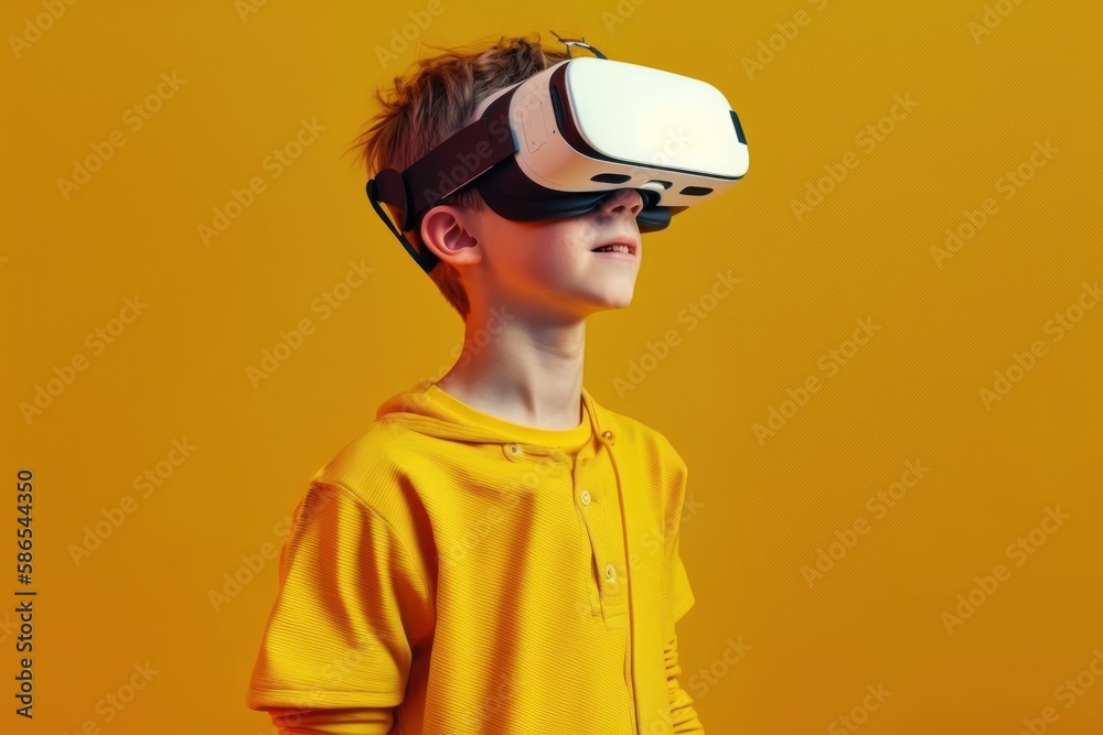 Child wearing VR glasses and wandering in the imagination. Ai generated.