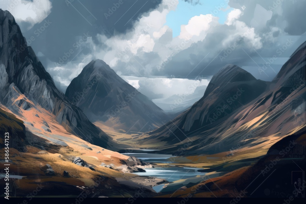 stunning landscape with mountains and a flowing river. Generative AI