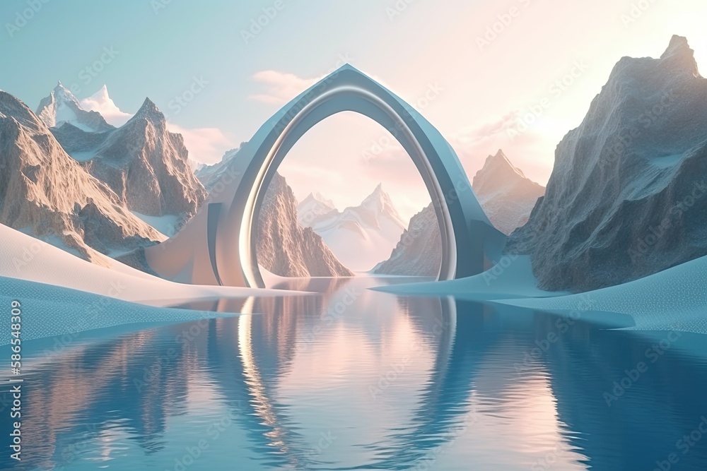 majestic arch over a serene body of water with breathtaking mountain scenery. Generative AI