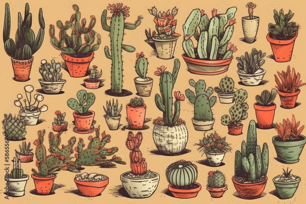 various species of cactus in colorful pots. Generative AI