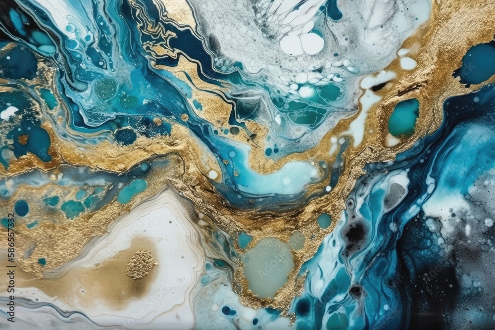 an abstract painting with gold and blue colors. Generative AI