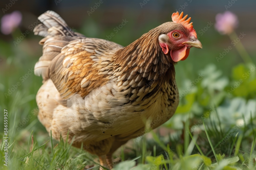 brown and white chicken standing in a green field. Generative AI