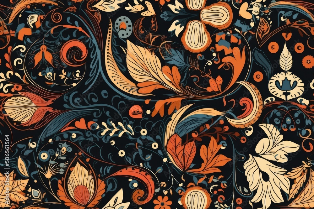 vibrant floral pattern on a dark background. Generative AI