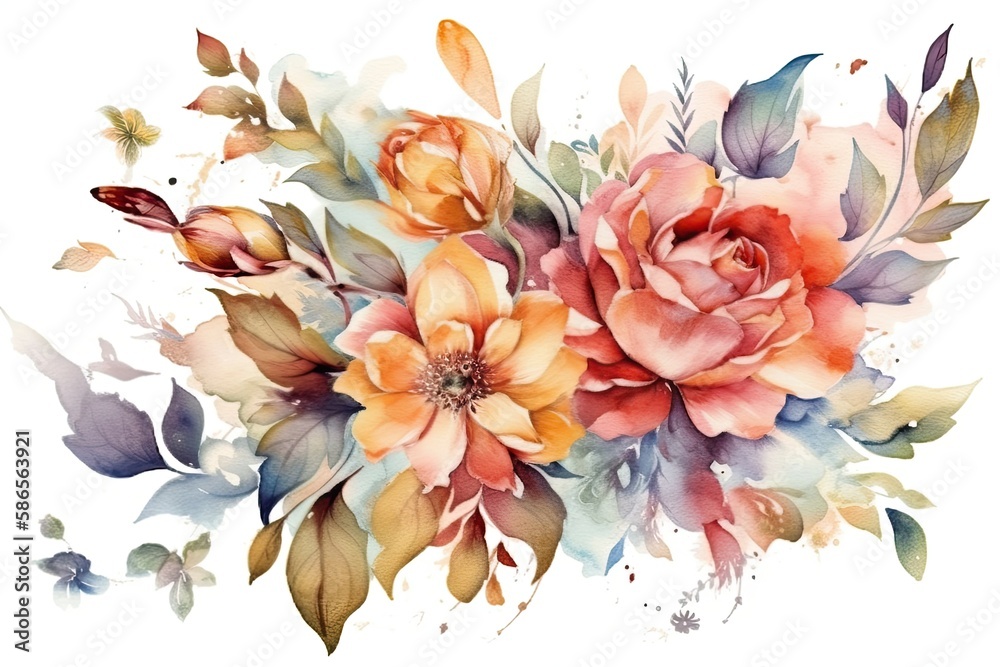 colorful bouquet of flowers painted in watercolor. Generative AI