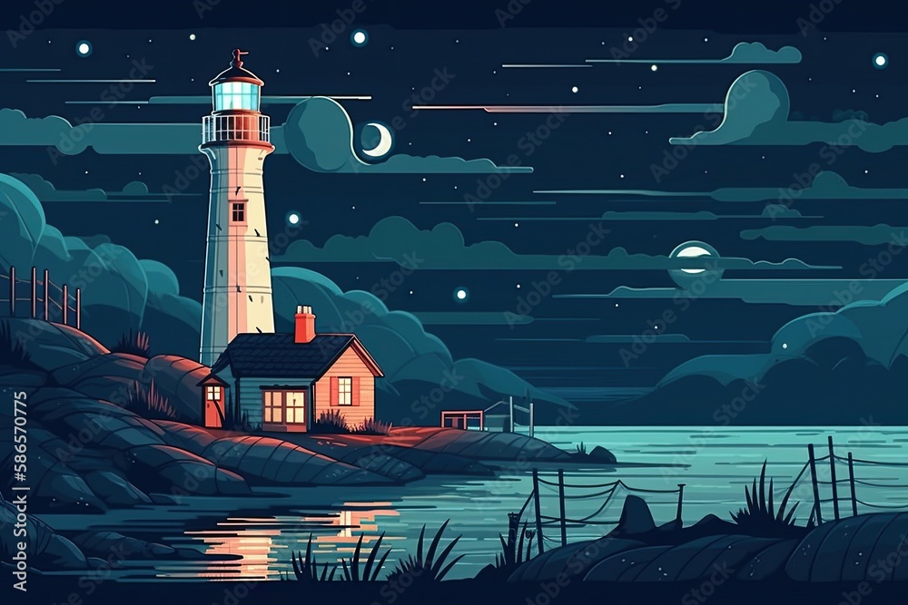 lighthouse at night with a full moon in the sky. Generative AI