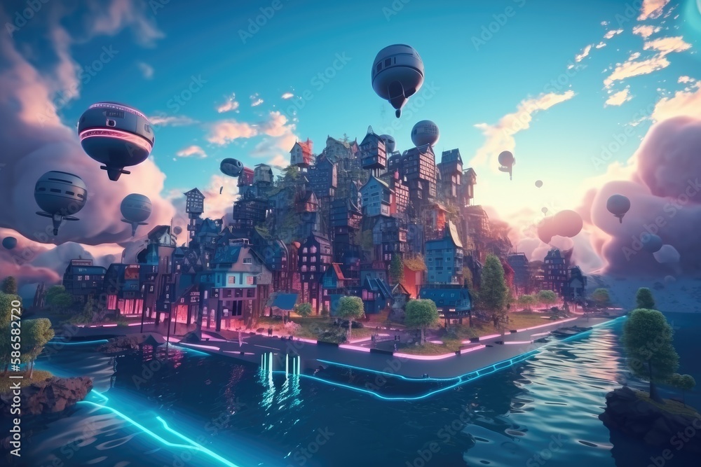 futuristic city floating above a body of water. Generative AI