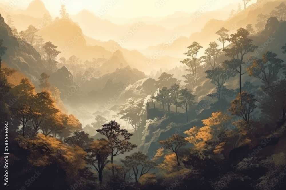 serene mountain landscape with lush trees. Generative AI