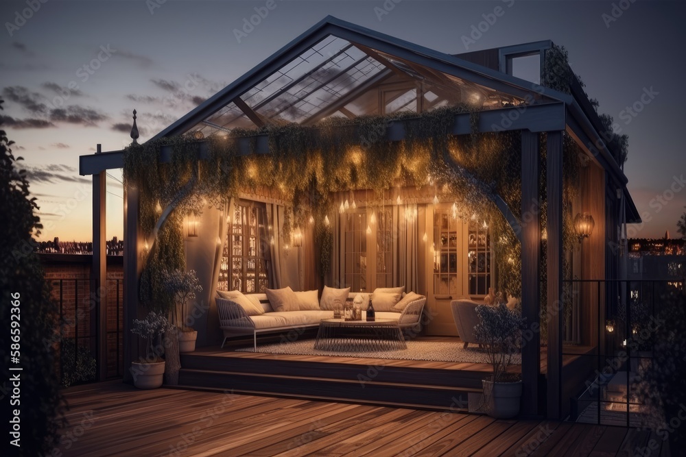 cozy home with a spacious deck and a covered patio for outdoor living. Generative AI