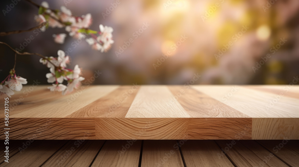 Empty wooden table with sakura flowers. Illustration AI Generative.