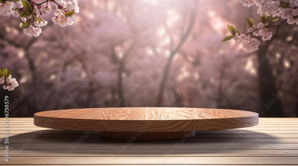 Empty wooden table with sakura flowers. Illustration AI Generative.