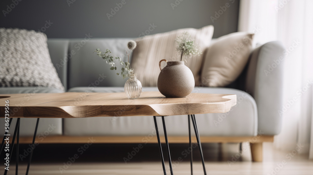 Wood table in modern interior. Illustration AI Generative.