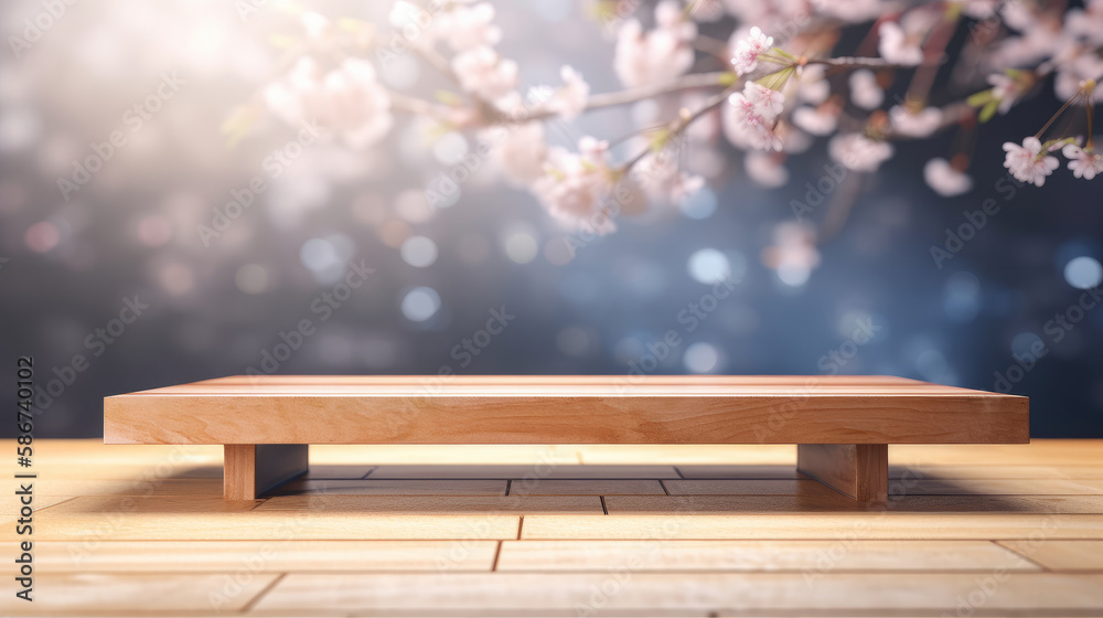 Empty wooden table with sakura flowers. Illustration AI Generative.