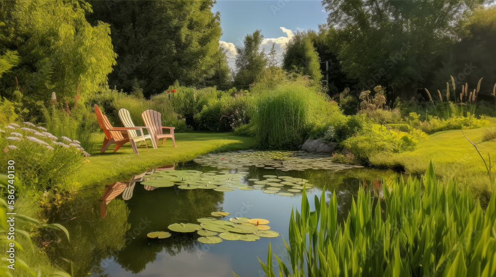 Pond in the summer garden. Illustration AI Generative.