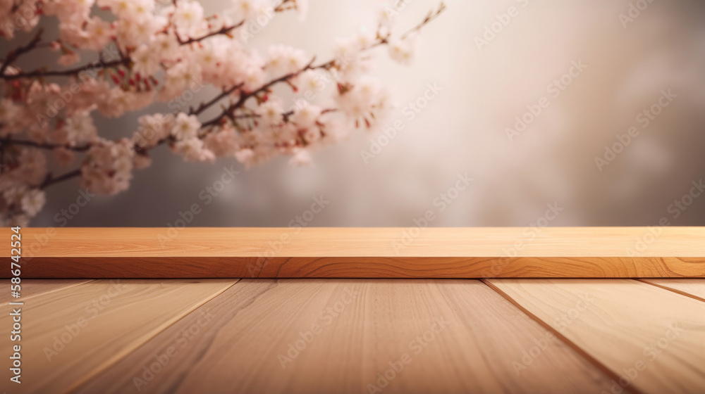 Empty wooden table with sakura flowers. Illustration AI Generative.