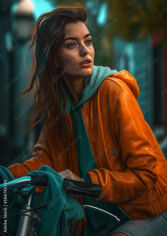 Girl on bicycle. Illustration AI Generative