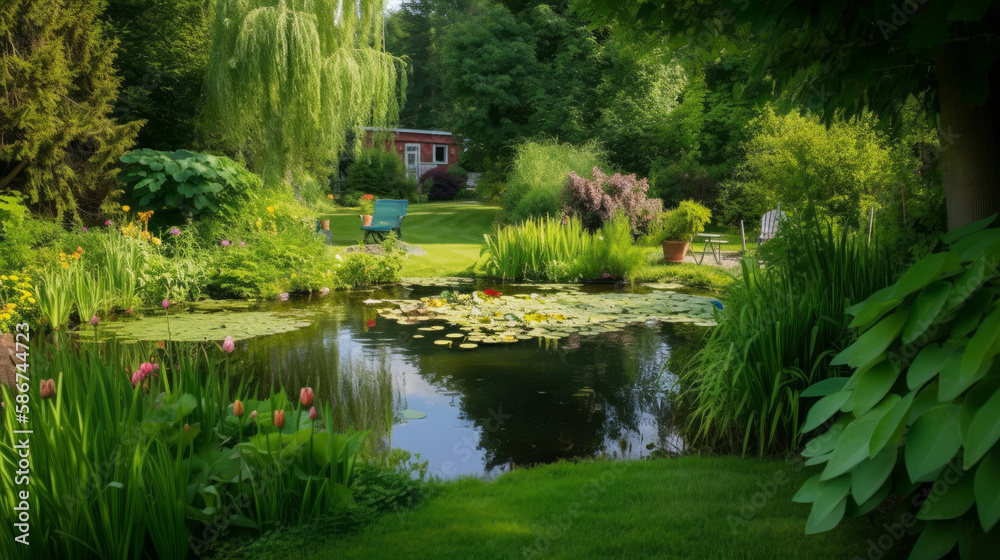 Pond in the summer garden. Illustration AI Generative.