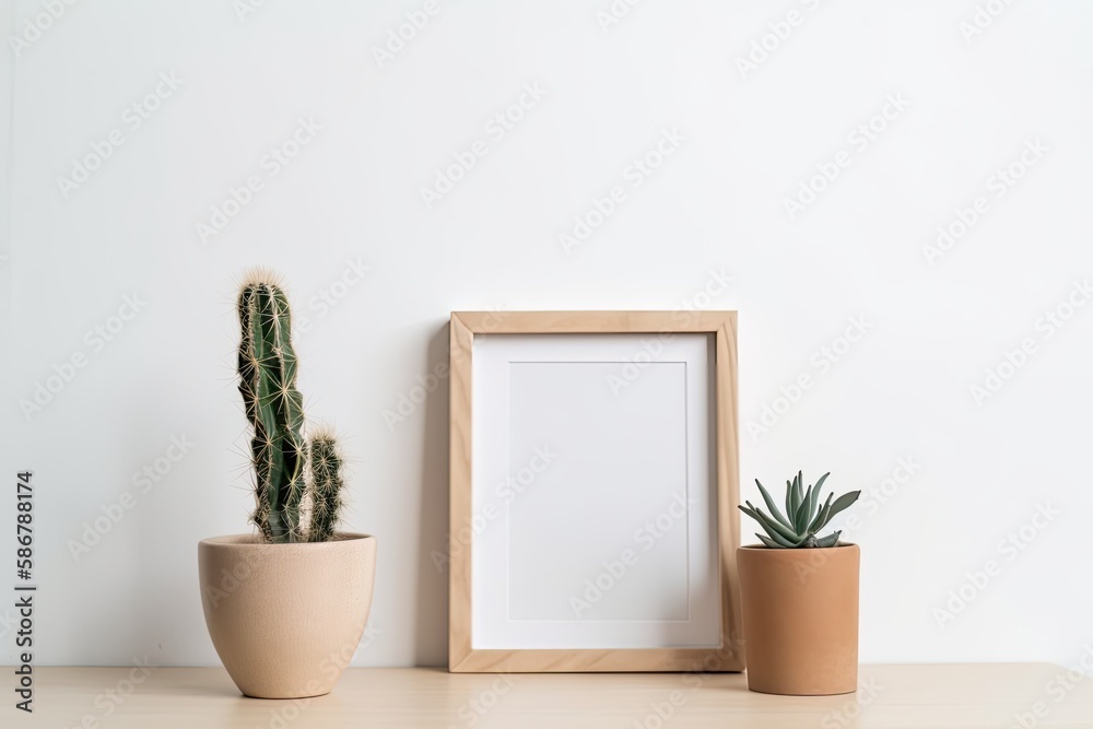 cactus plants and a contemporary desert colored vase are mocked up in a square wood frame. White wal