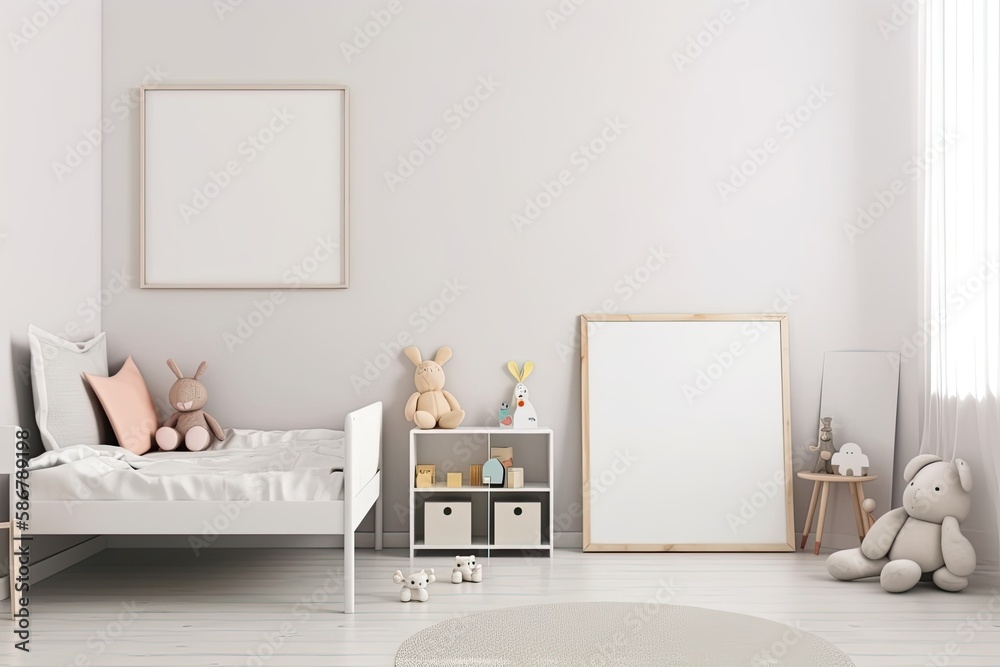 A modern childrens room with a white wall and an empty horizontal picture frame. interior mockup in