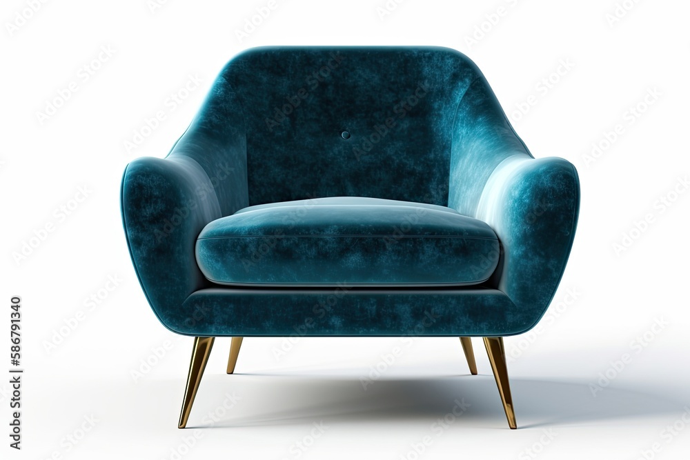 Isolated on a white background, a vintage armchair with brass legs and blue velvet upholstery. digit