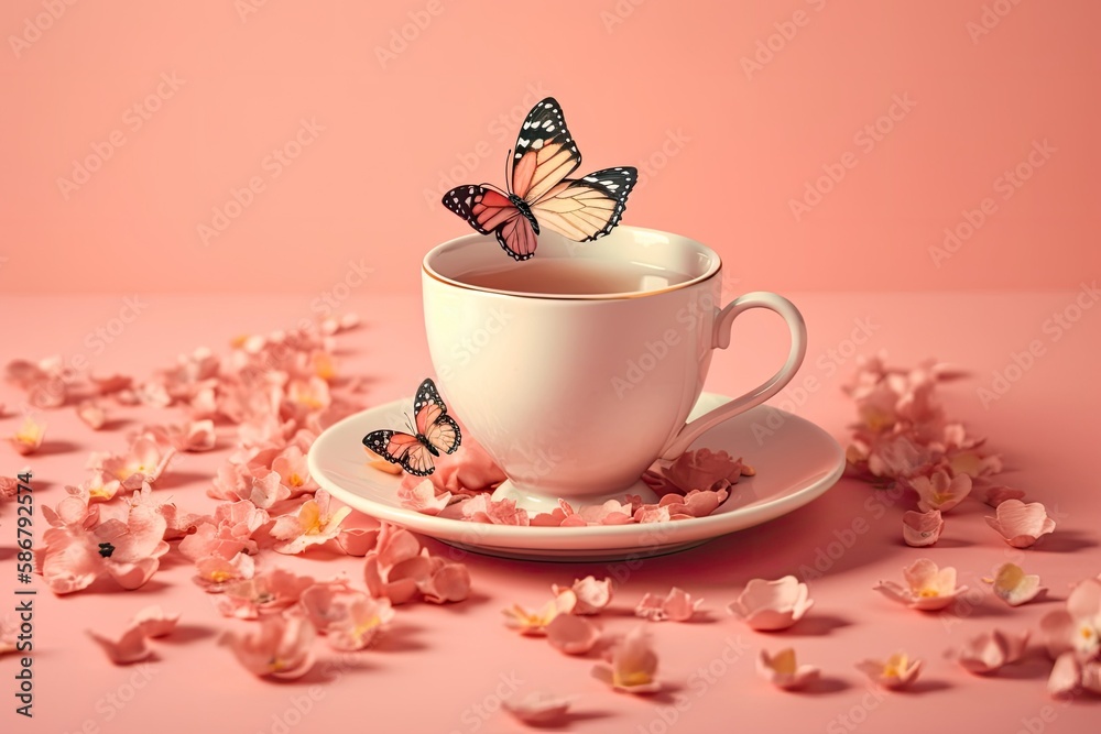 Butterflies flying above vintage cup of tea on pastel pink background. 80s, 90s retro aesthetic roma