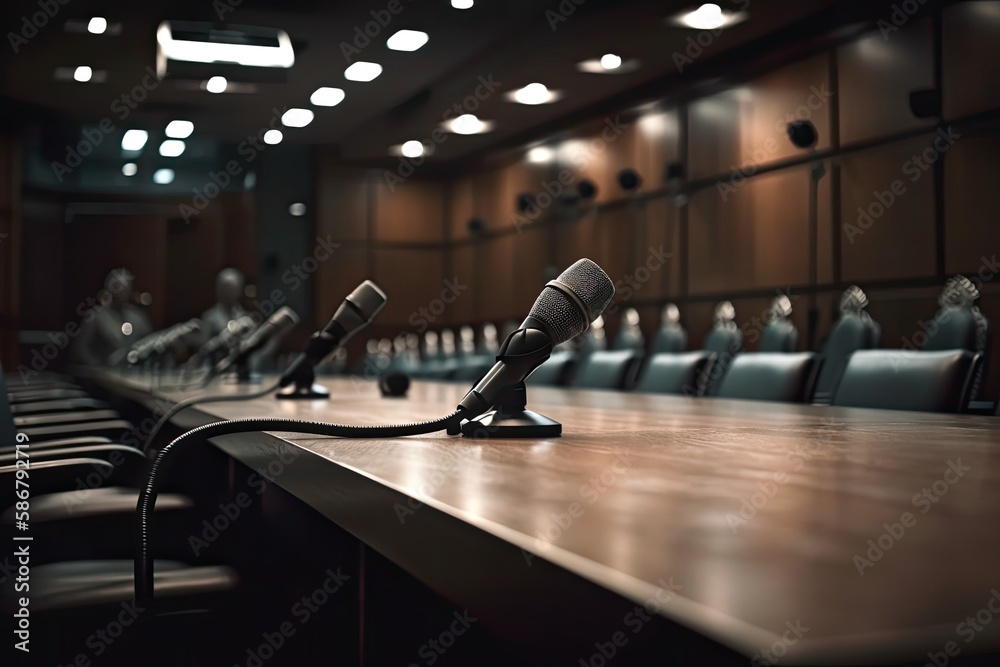 Microphone stands on meeting room table. Generative AI