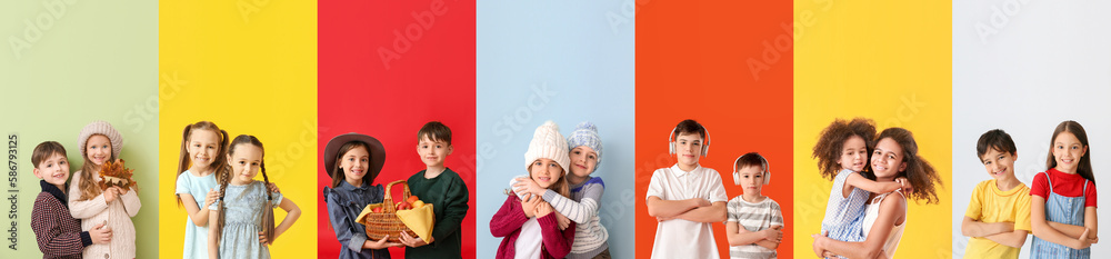 Collection of cute little children on color background