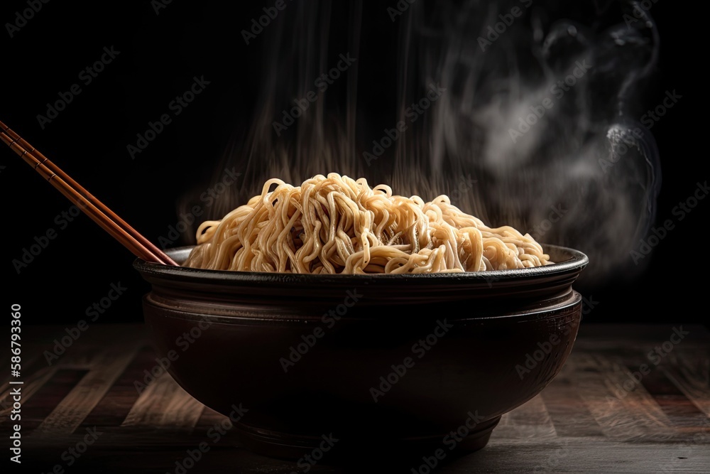 noodles in a smokey state with chopsticks, isolated on a dark background with a clipping path. Gener