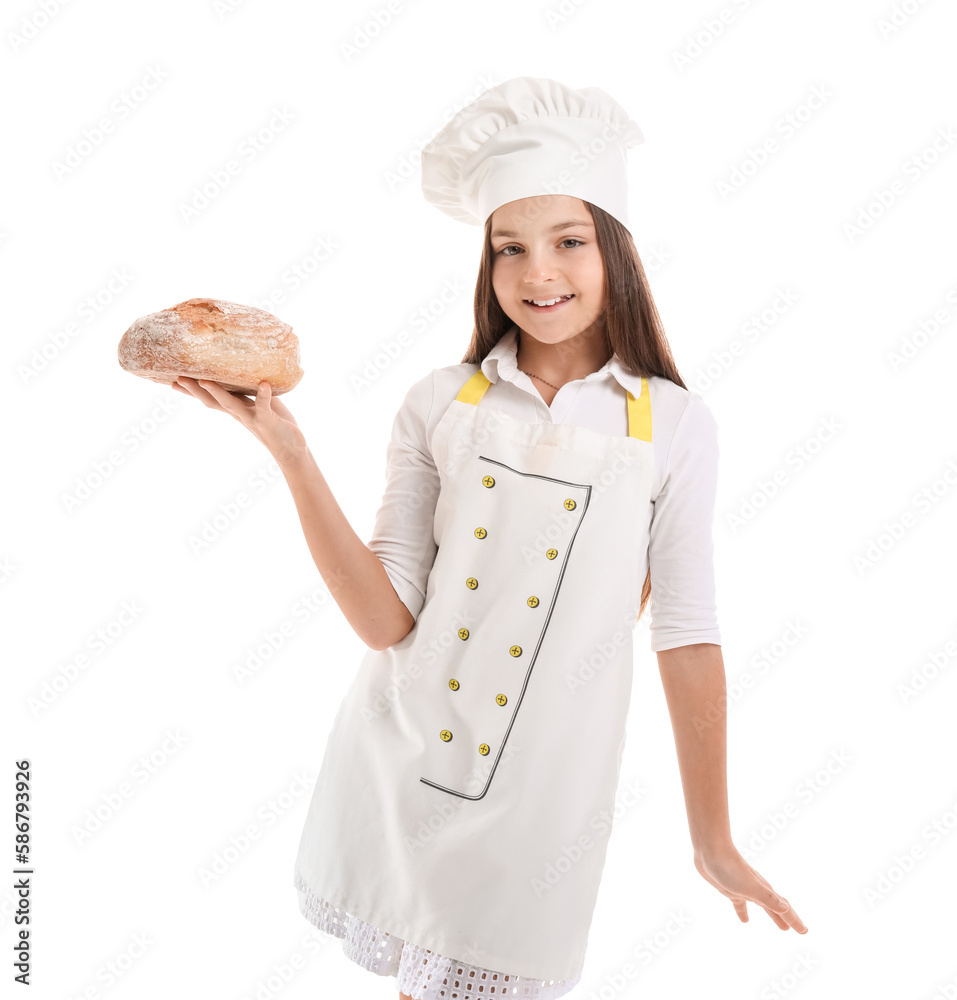 Little baker with fresh bread on white background